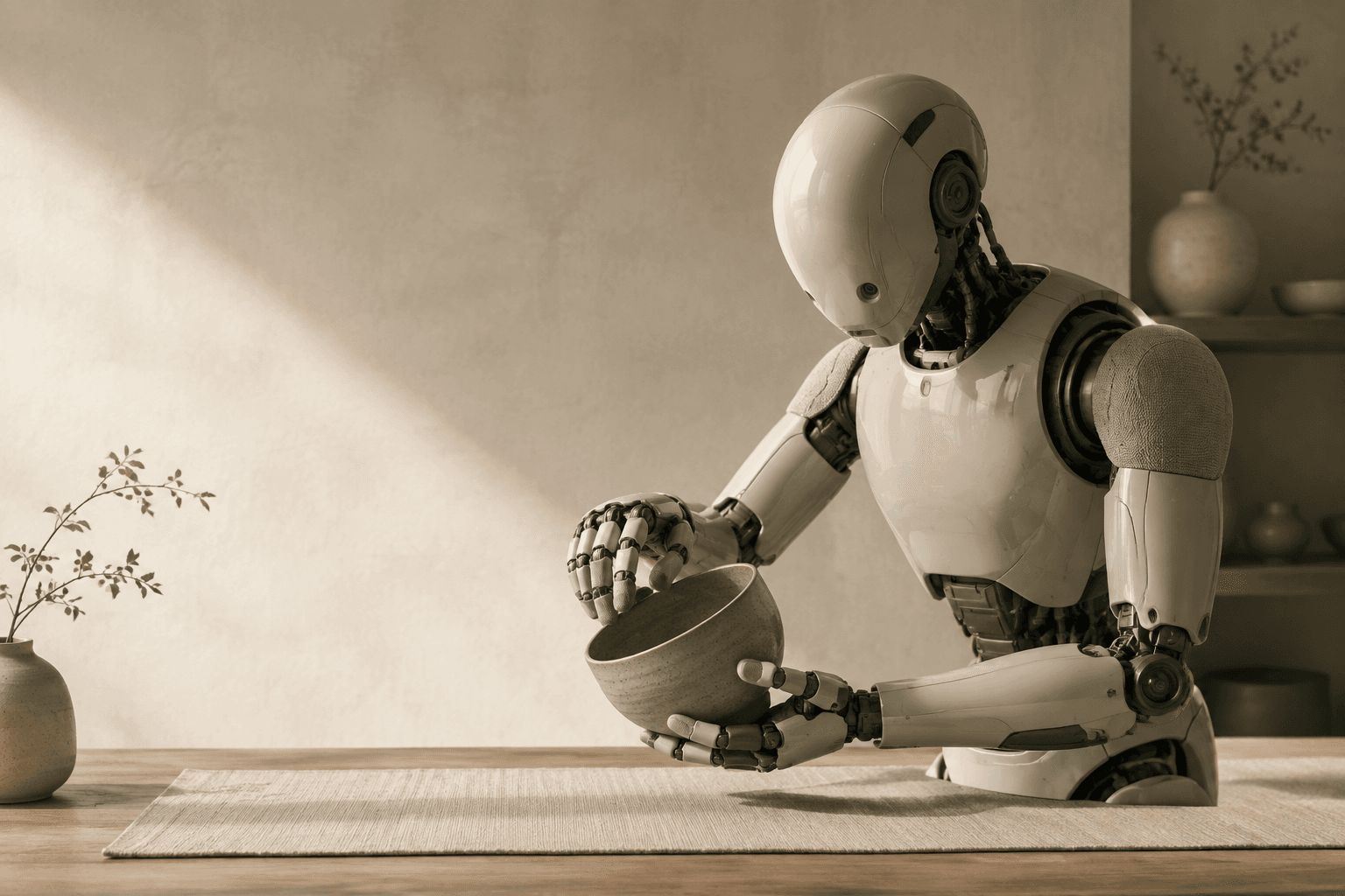 Editorial human and robot interaction scene showing a body situated in an environment