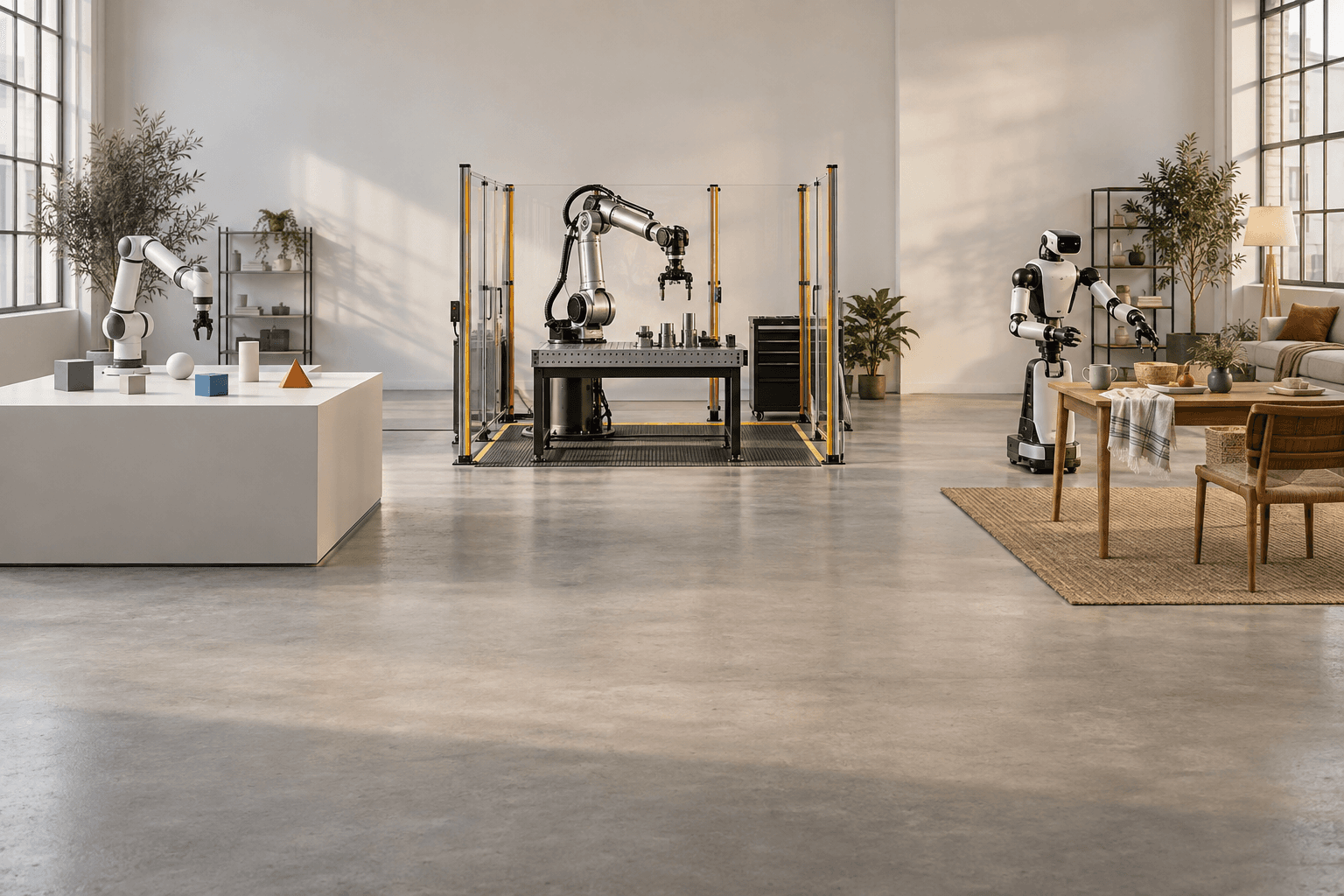 An open robotics scene brings together a simulated test space, a controlled robot workcell, and a varied physical evaluation setting as distinct evidence contexts.