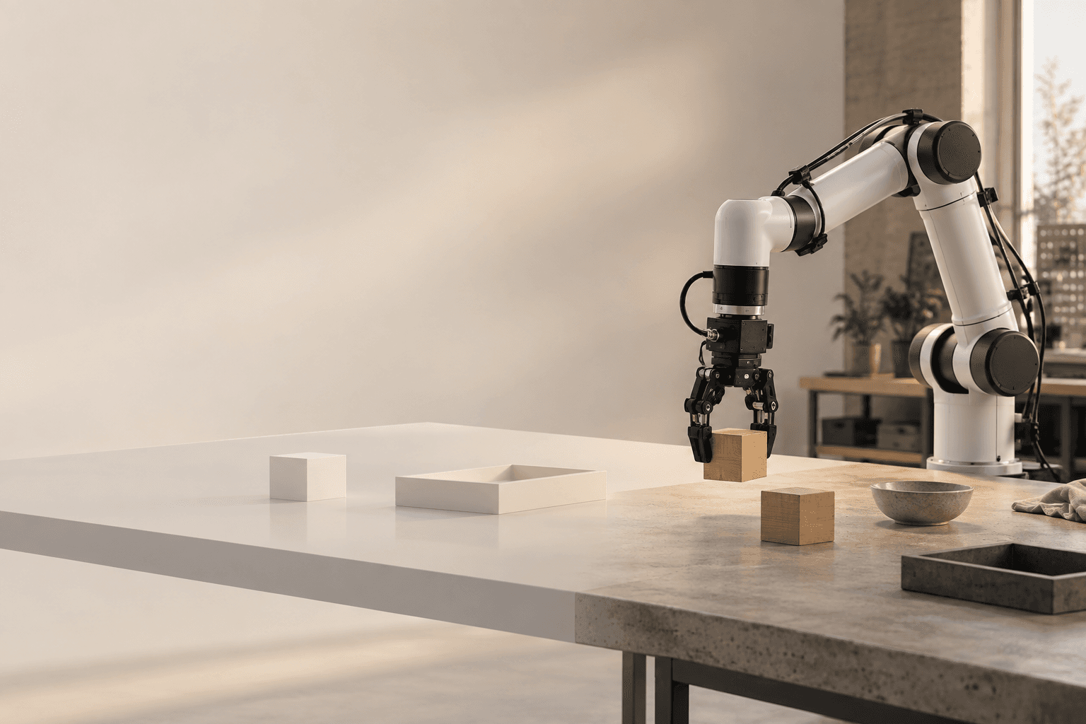 A general-purpose robot performs the same object-handling task across a visually related simulated workspace and physical workspace, where lighting, surfaces, sensing cues, and contact conditions differ.