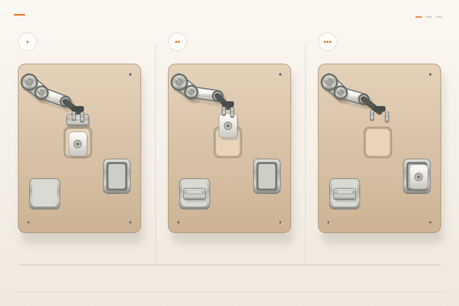 A tabletop pick-and-place setup shows a part, a blocked receiving tray, a removable obstruction, and three ordered task decisions; no robot motion path is shown.